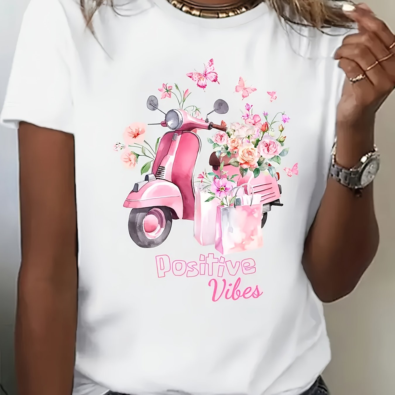 TEMU Women's Energy Lettering T-shirt - Casual Short Sleeve Round Neck Blouse With "positive Energy" Print, Lightweight Summer Top, Machine Washable