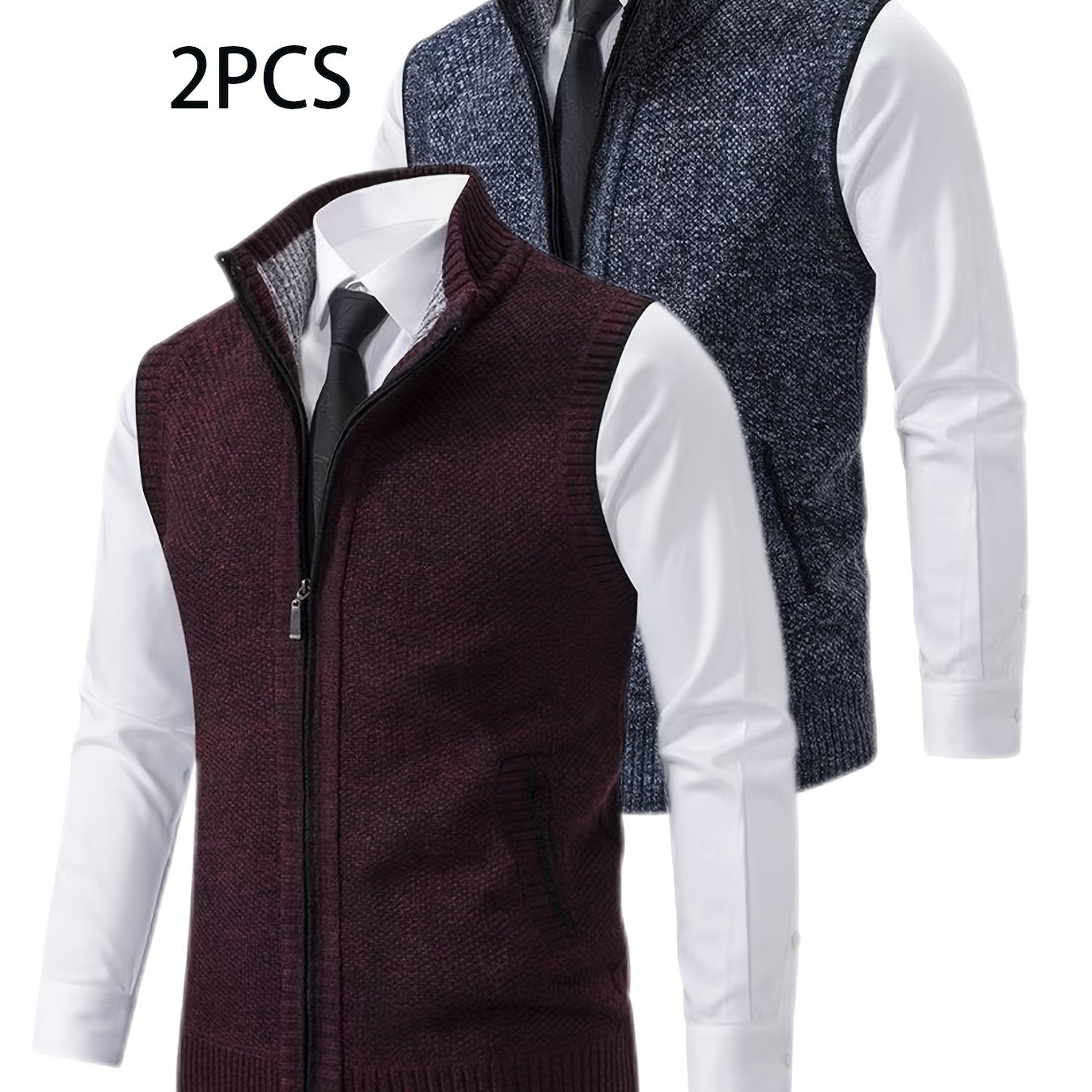 TEMU 2pcs Spring/autumn Style Sweater Knit Vest Zipper Cardigan With Real Pockets, Solid Color, Unisex Vest