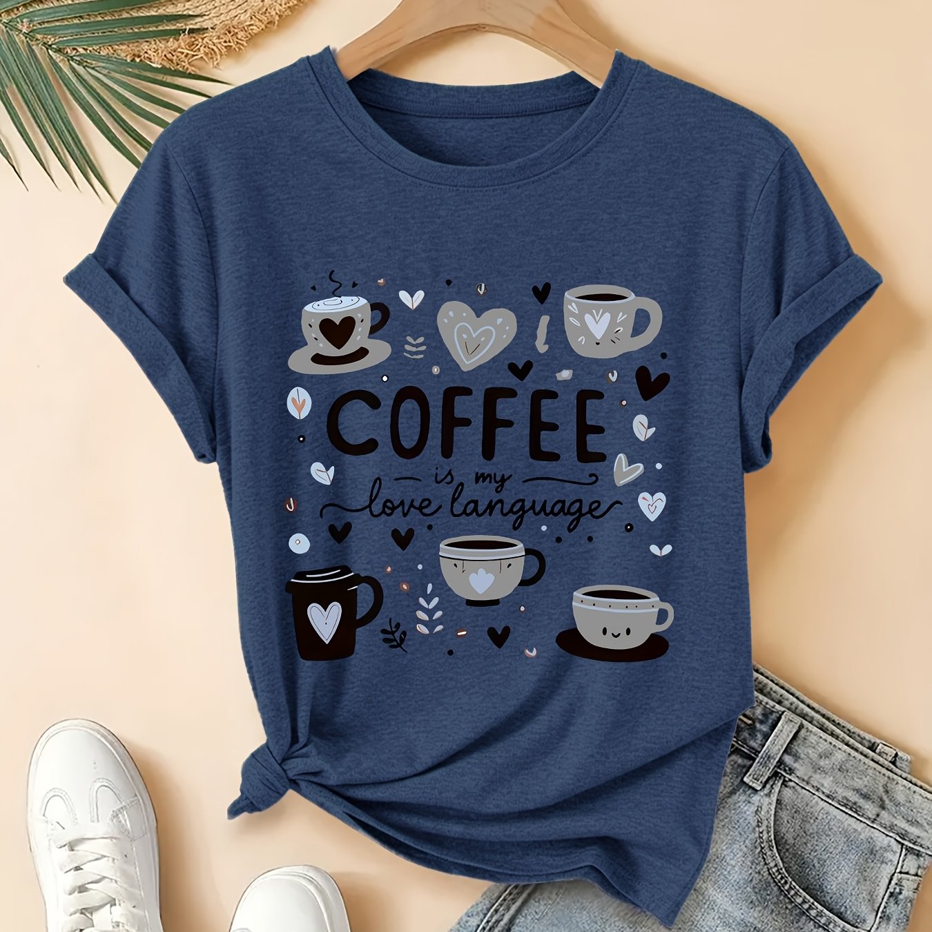 TEMU Women's Plus-size Casual T-shirt With 'coffee Language' Print, Suitable For Spring, Summer, And Autumn. This Stylish Round-neck Short-sleeve Tee