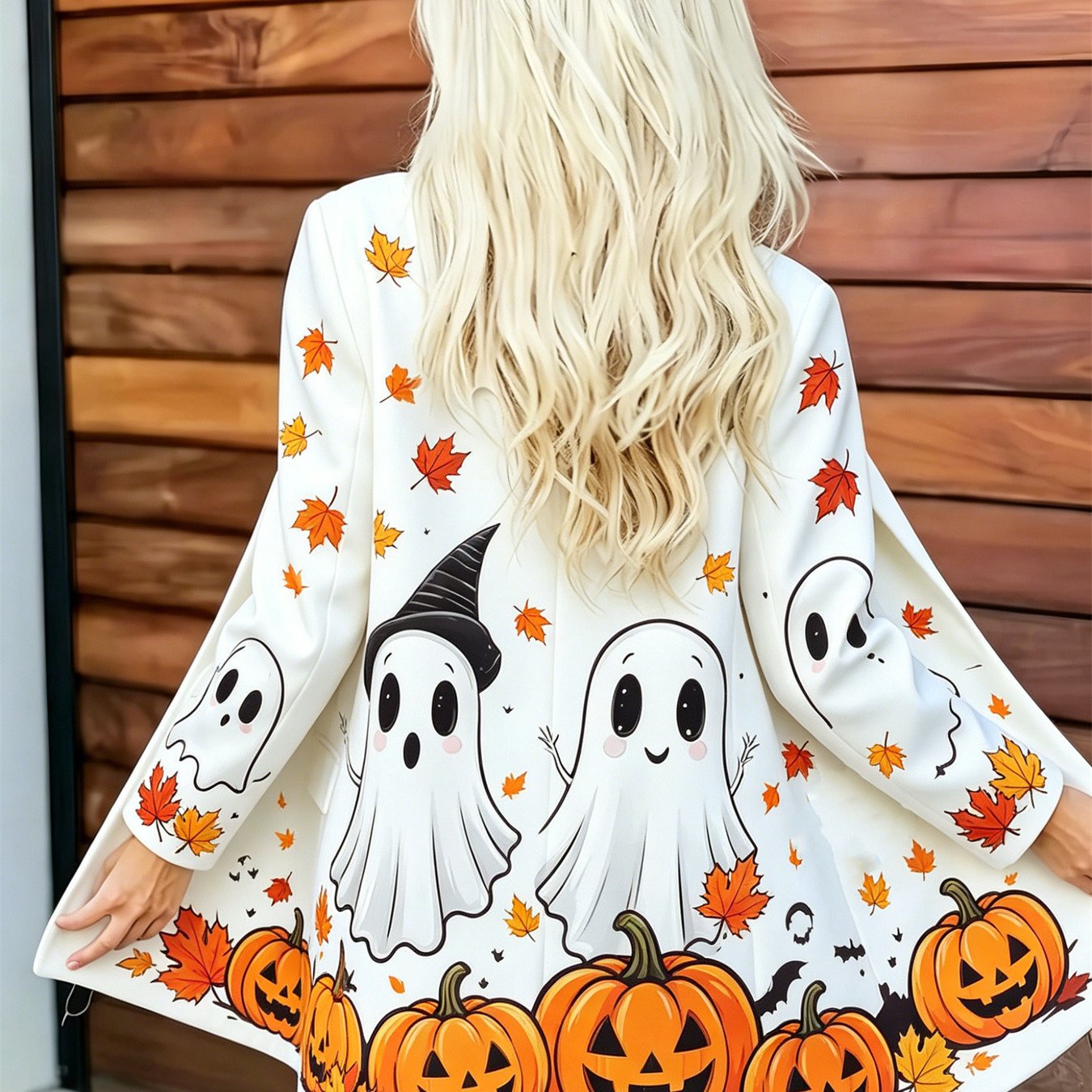 Plus Size - For Halloween Women Front Blazer Outerwear Coat, Lapel Collar Long Sleeve Loose Straight Mid Length Jacket, Cute Cartoon Witch Hat Jack O Lantern Maple Leaf Bat Fall For Halloween Print