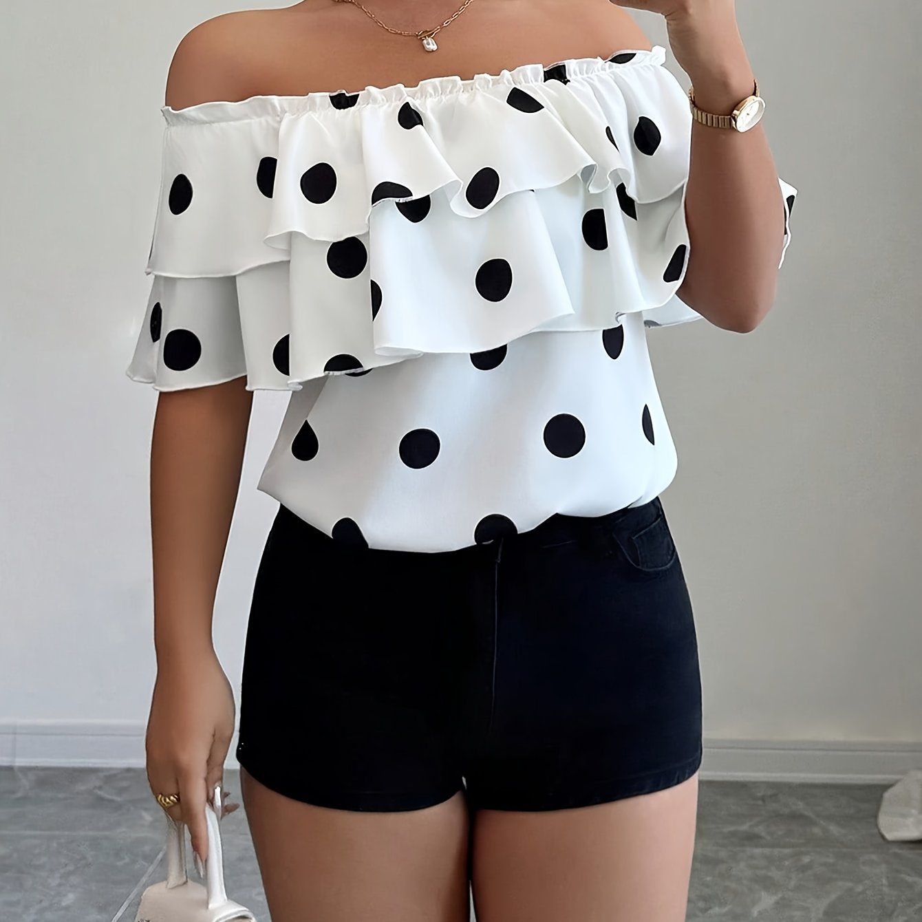 TEMU Women's Polka Dot Off-shoulder Square Neck Blouse T097