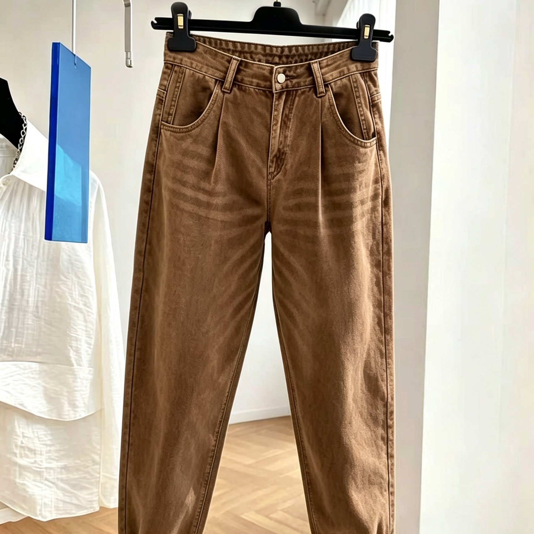 Image of 25aw High-waisted Tapered Jeans - Casual Stretch Denim With Slant Pockets, Washed Denim For