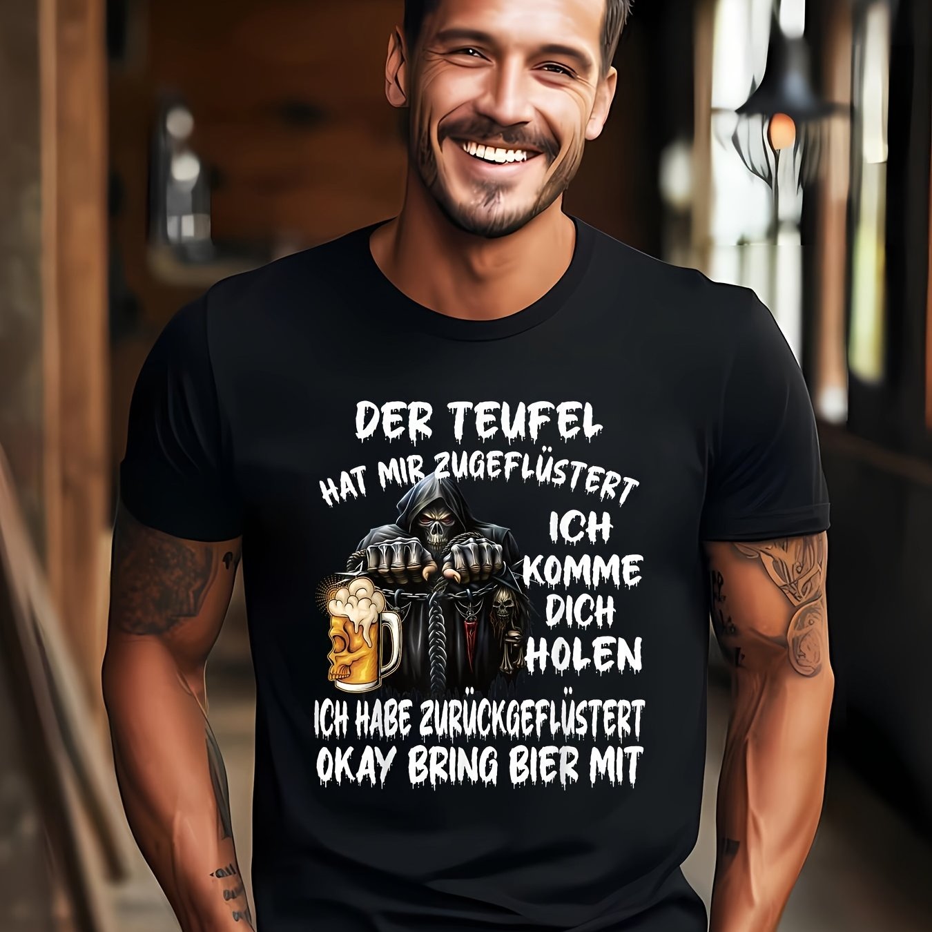 Men's Gothic Reaper T-shirt With German Death Pun Text & Humorous Design - Black Short Sleeve Casual Round Neck Tee Suitable For Halloween Outfits, Casual Attire, , Machine Washable Apparel