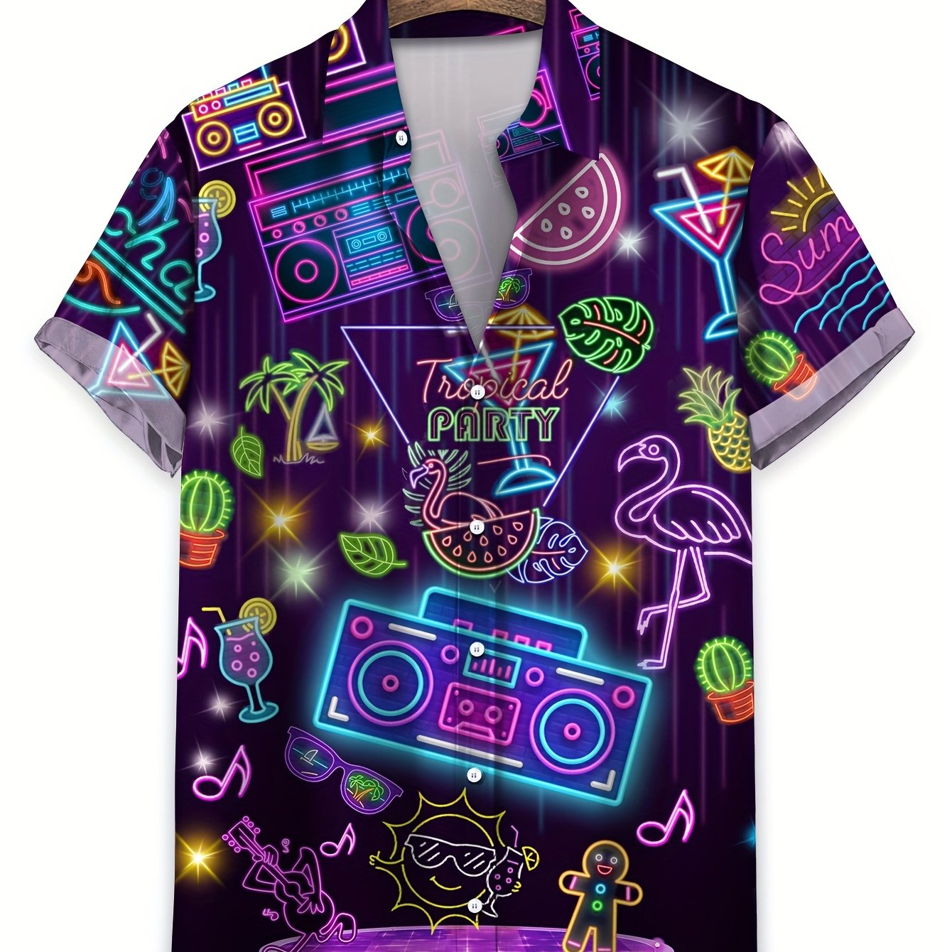 TEMU Camisa Casual para Vacaciones, Tema Neón de Tropical