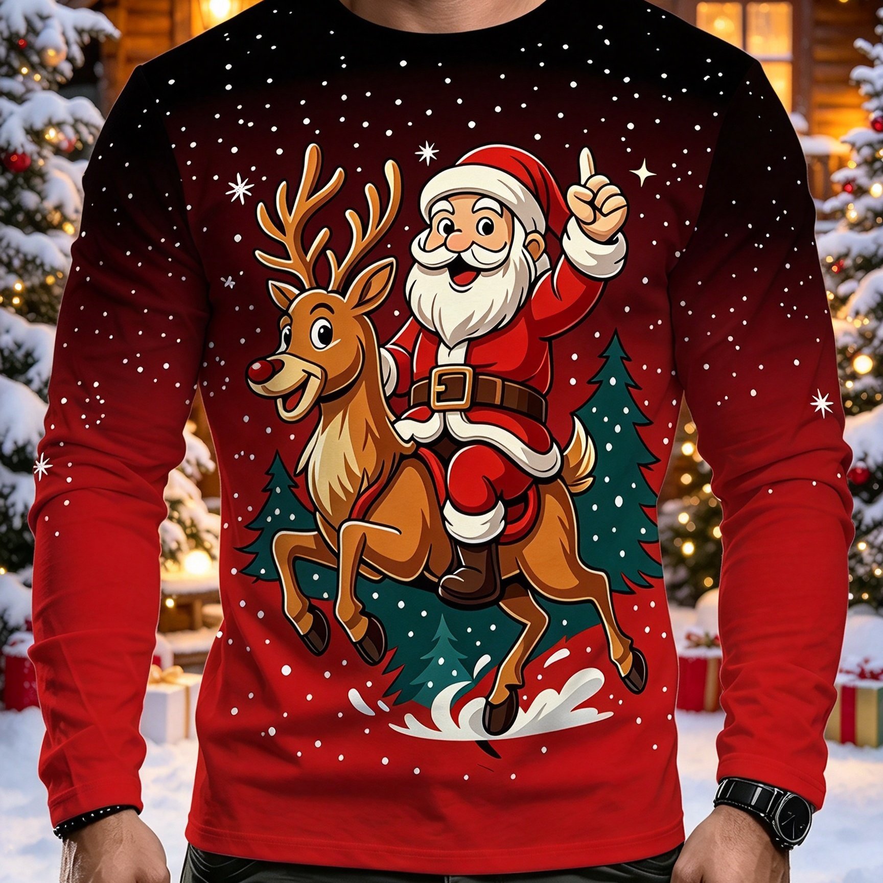 TEMU Men's Long-sleeve T-shirt, American Streetwear Style, Santa Claus And Reindeer Print, Autumn/winter Crewneck Pullover, Versatile And Stylish For