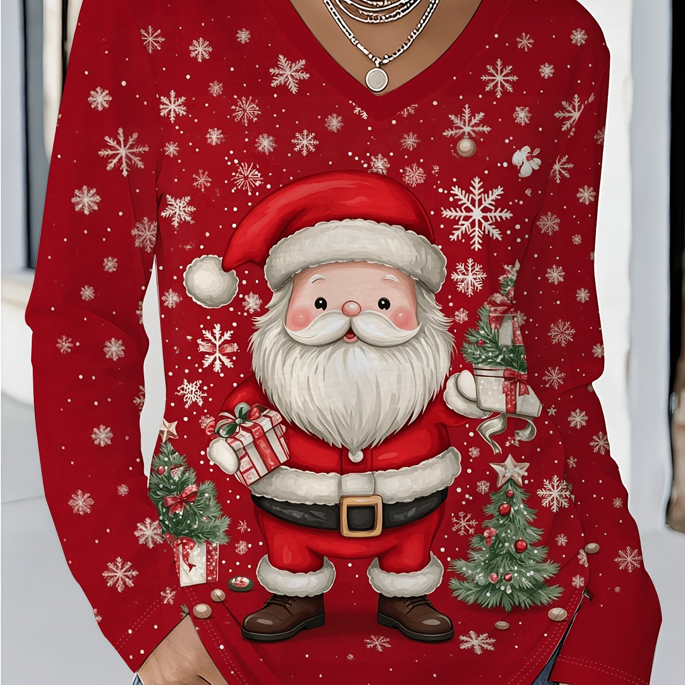 TEMU Christmas Women's Fashion Trendy V-neck Long Sleeve Top, Temperament Versatile Holiday Party Outing Comfortable Wear, Suitable For Autumn Winter