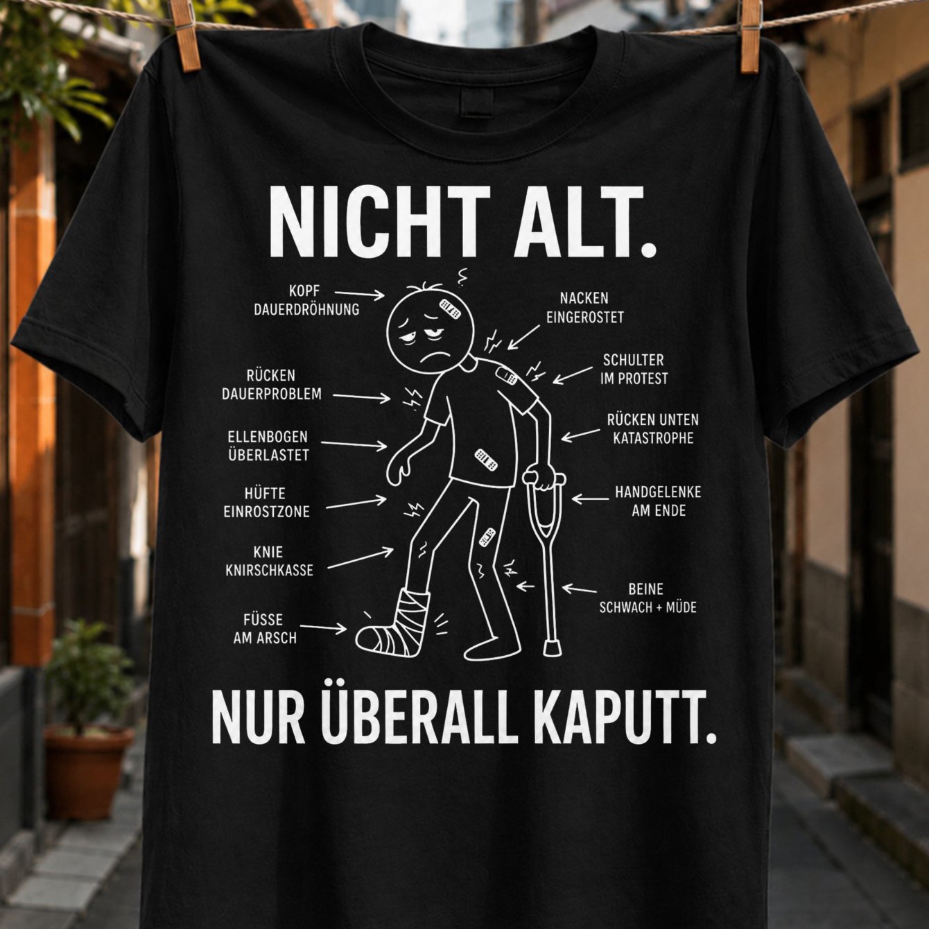 Not Old Everywhere Broken Minimalist Body Diagram With Labeled Aches And Easy Line Art Printed Design Unisex All T-shirt