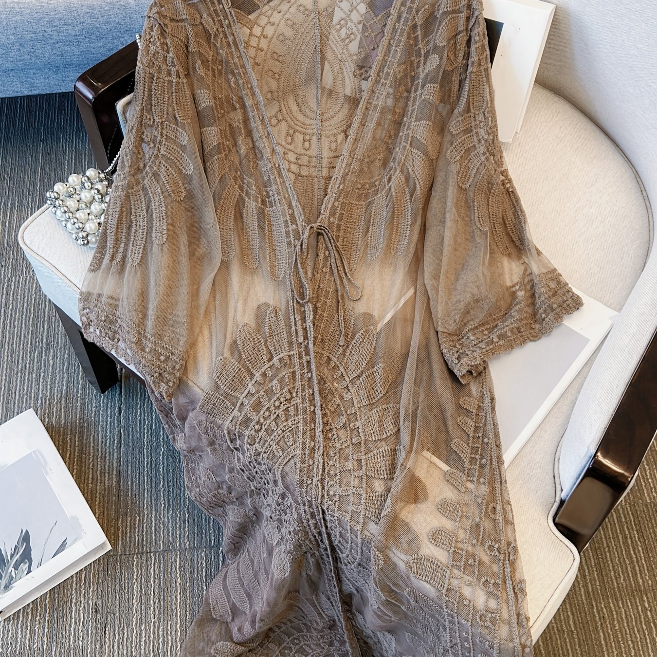 Image of Summer Women's Cover-up, Mesh Embroidered Hollow-out Long Cardigan, Bohemian Style Thin Outerwear Vacation Top