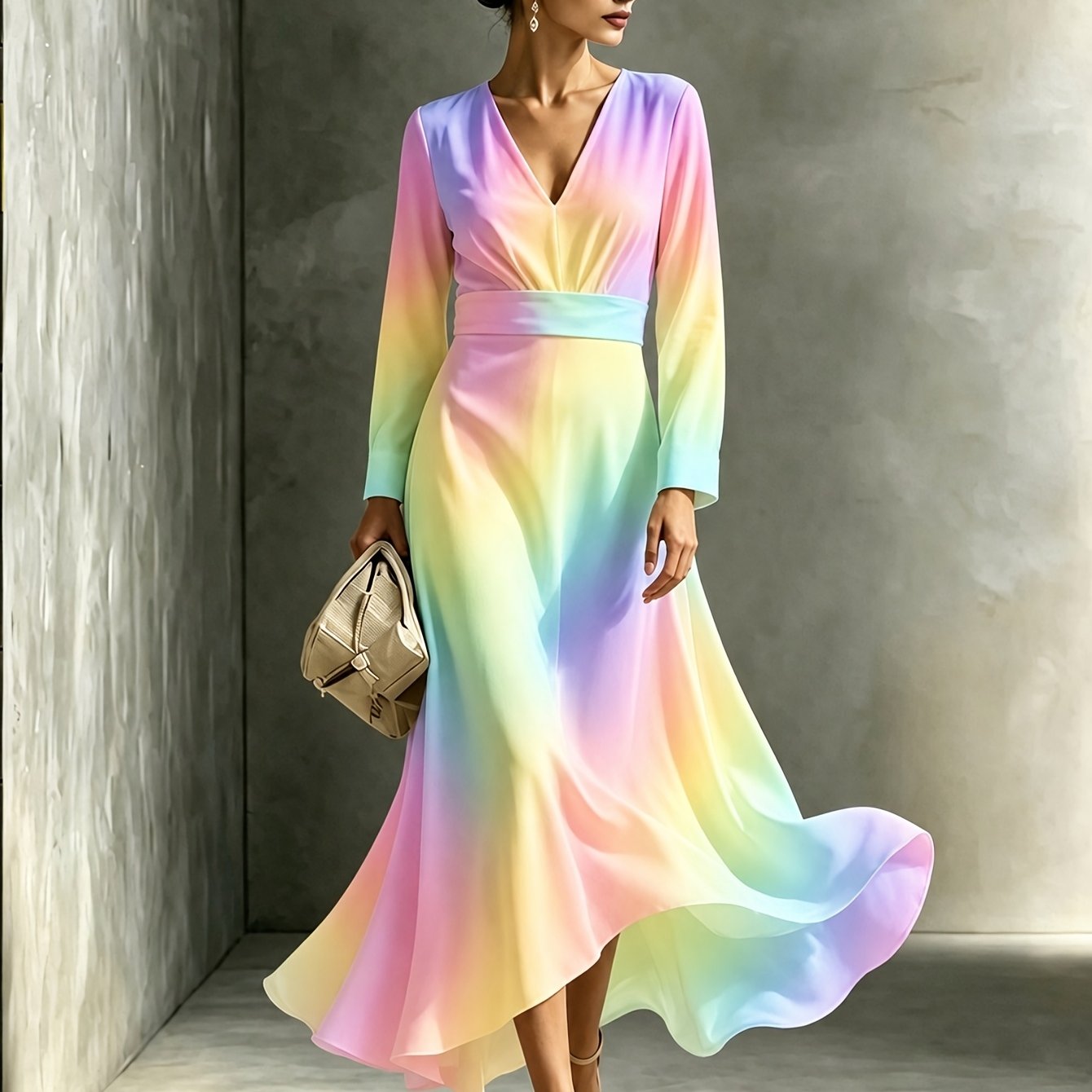 Casual Long Sleeve Women Dress Gradient Dye V Neck Waist Maxi Dress A Line Flowy Dress For Date Gathering Holiday Street Outfit Fashion Women Clothing