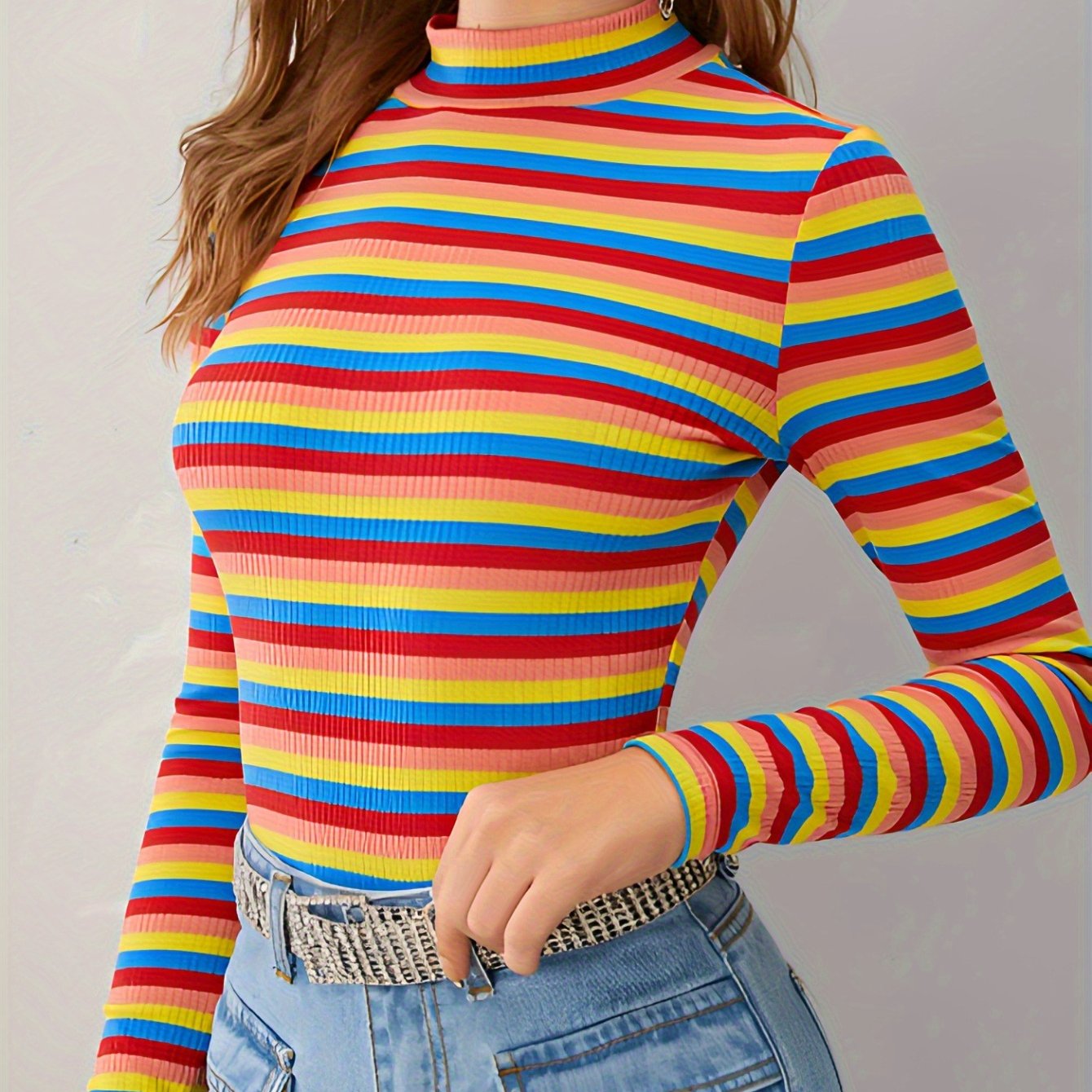 TEMU T-shirt da donna casual a maniche lunghe con righe orizzontali colorate, , vestibilit� regular