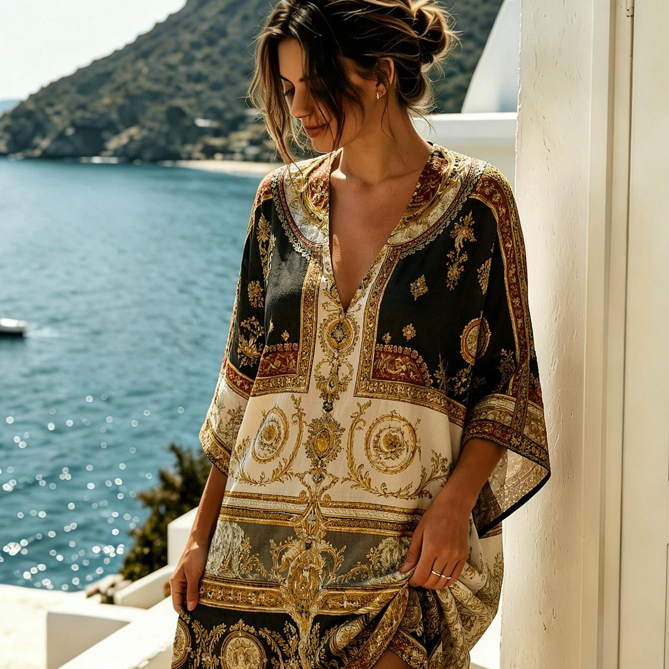 Image of New Women's Dress Women's Summer Clothing Baroque-style Golden Patterns Elegant Women's Dress Women's Summer Dress Fiber Machine Washable Style Suitable For Everyday Wear 2d Flat Print