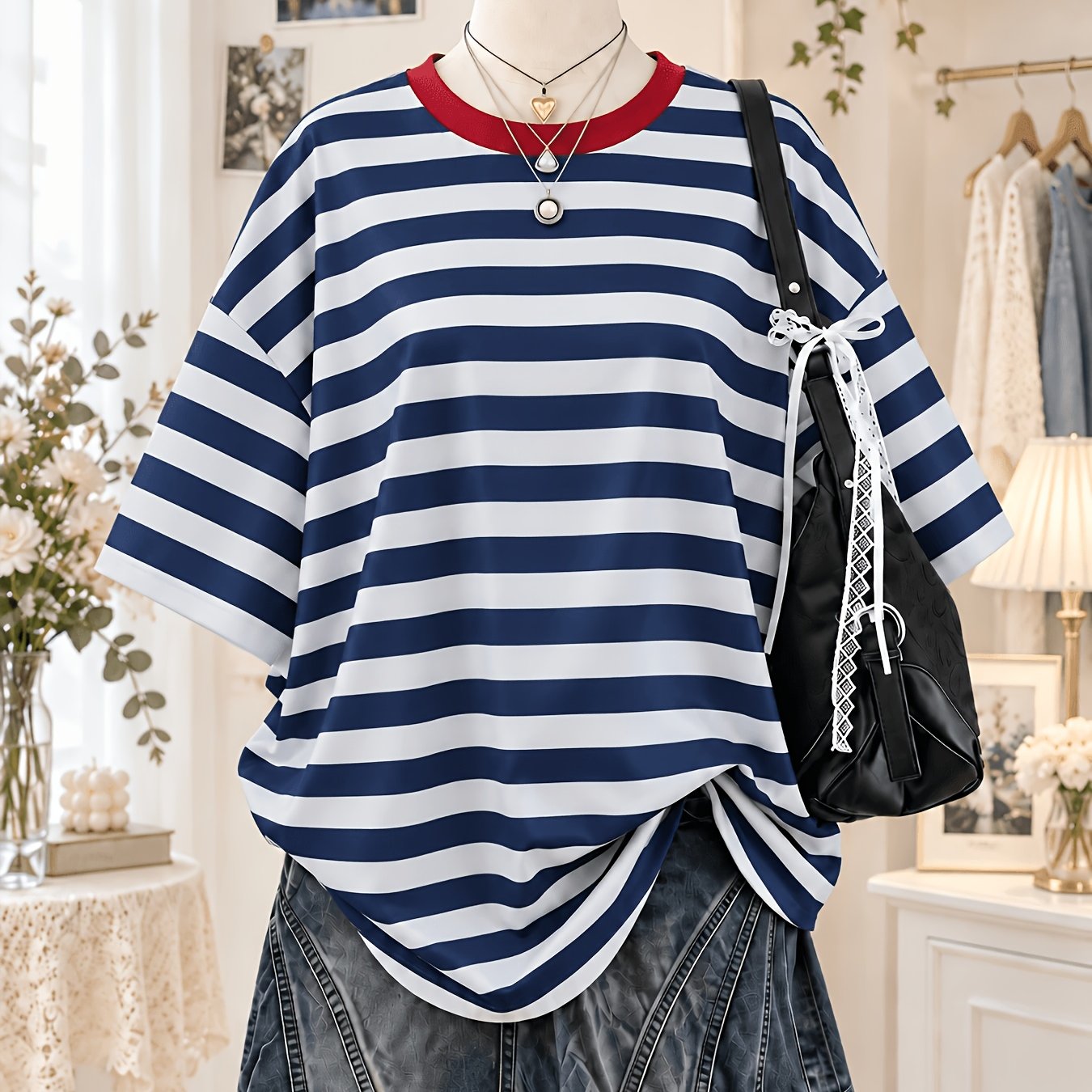 TEMU Classic Nautic Blue-white Striped Short Sleeve Women's Summer Red Contrast Round Neck Versatile T-shirt