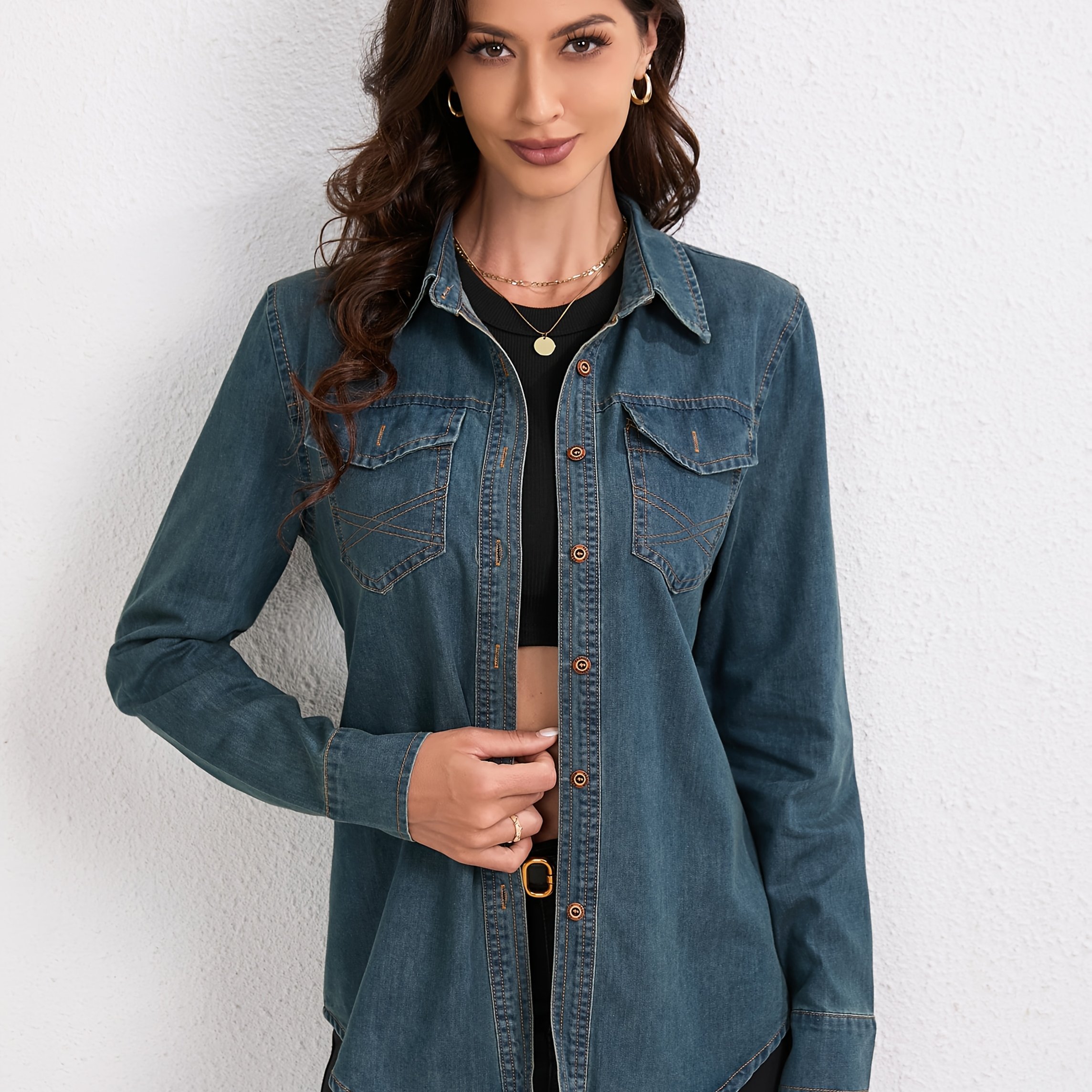 Image of Vintage Distressed Denim Shirt For Women | Casual Long-sleeve Button-up Jacket, Non-stretch Fabric, Solid Color, Ideal For Spring/fall Season