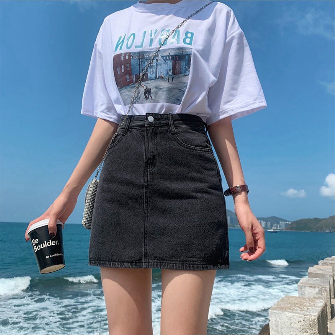 TEMU 韓国風ハイウエストデニムミニスカート - 無地 ヒップラップショートスカート 制服・普段着向け 洗濯機洗い可 デイリーボトムス