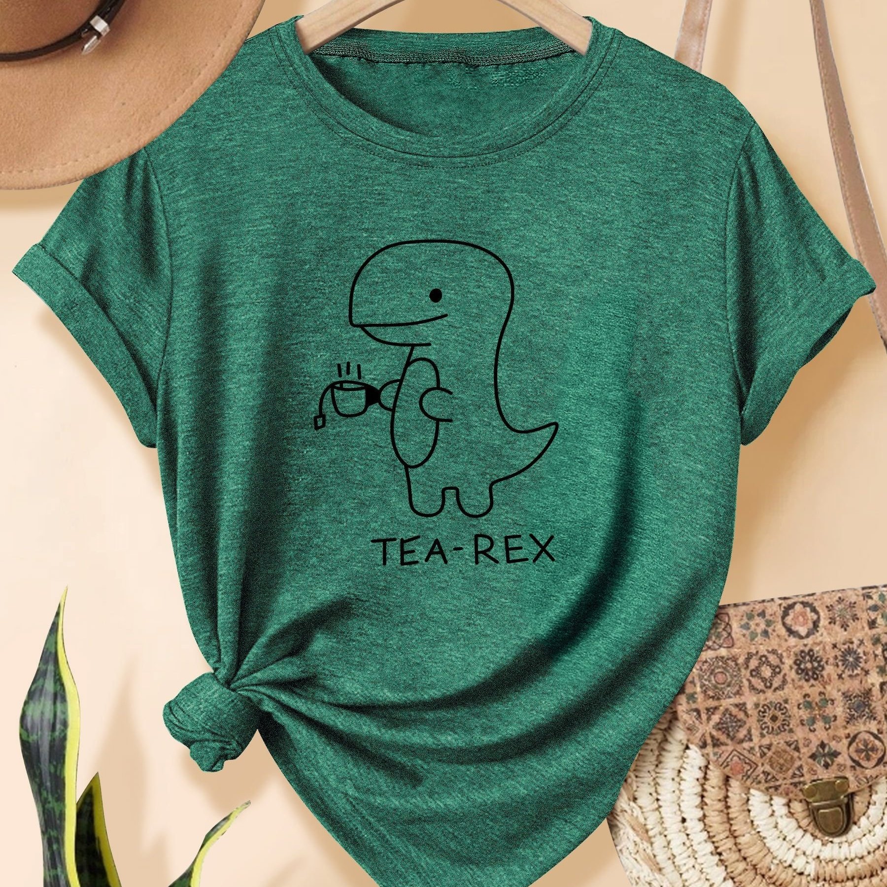 TEMU Minimalist Dinosaur Graphic Round Neck Women's Sports T-shirt, Casual Stylish Elegant Vintage Top, In Multiple Colors For Adults In Sizes S-xxl