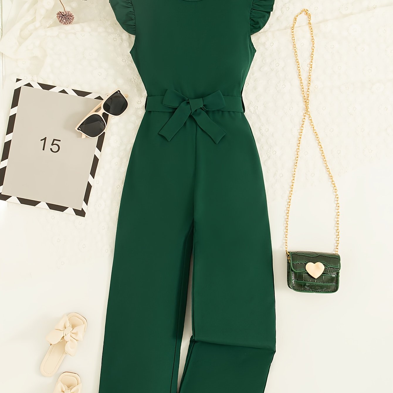 Image of Summer Casual Outing Fashion Round Neck Sleeveless Shirred Design Regular ' Casual Jumpsuit With Belt, For Outdoor