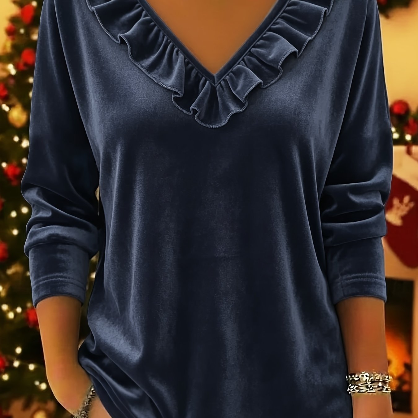 TEMU Gentle Style Ruffle V-neck Long Sleeve T-shirt, Drop Shoulder Loose Fit For Hiding And, Curved Hem With Soft, Skin-friendly Fabric, Solid Color