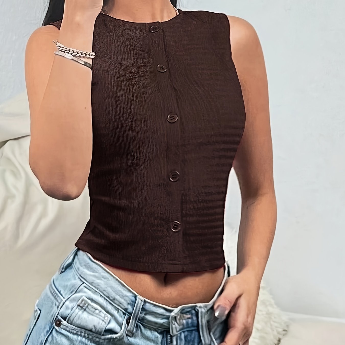 TEMU Cross-border European And American Women's Casual Streetwear Solid Color Front-button Cropped Vest, Ruched Sleeveless Shirt
