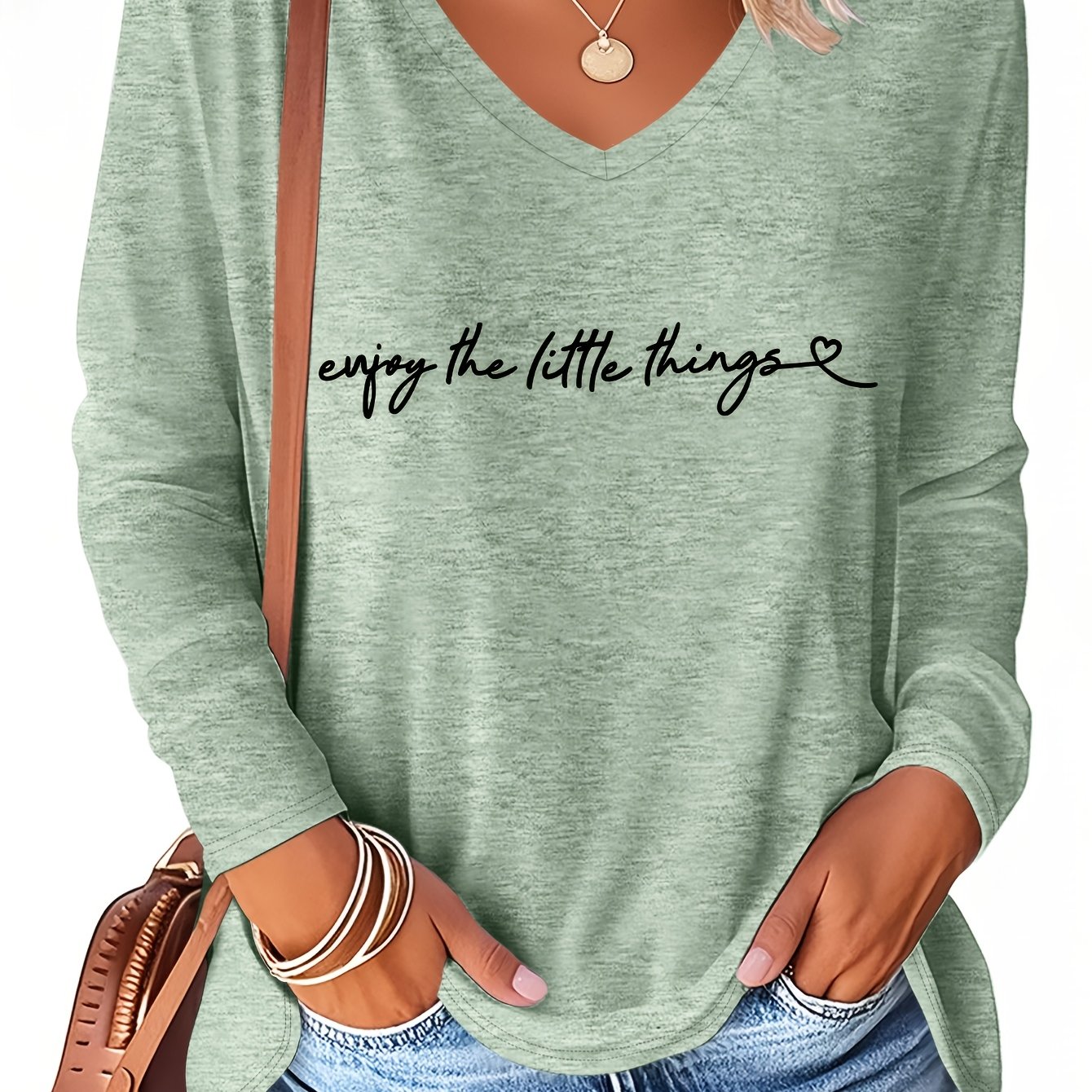 TEMU Plus Size - Plus Size - And Summer Plus Size Women's Fashion Letter "enjoy " V-neck Long-sleeved T-shirt, Rayon Component - To Care For, Machine