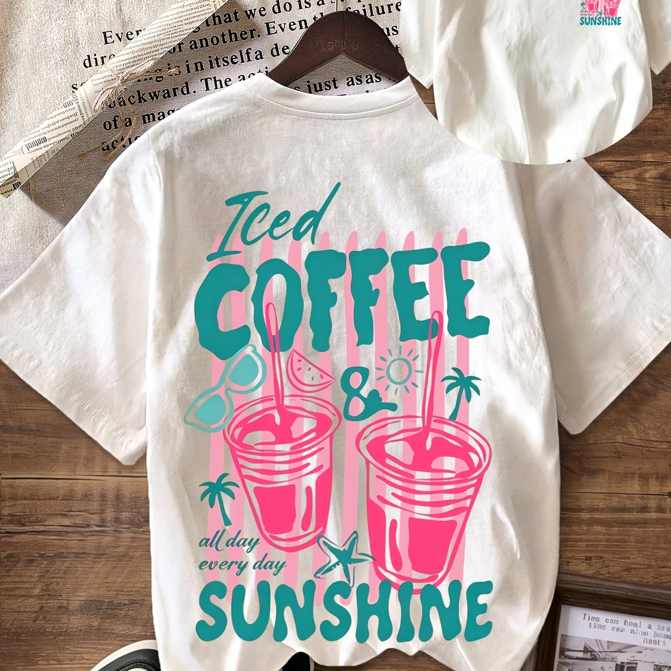 Image of Women's Retro 90s Iced Coffee & Sunshine T-shirt - Vintage Short Sleeve Round Neck Tee With Iced Coffee Lettering, Casual Non-compatible Top Suitable For , Machine Washable Casual Attire