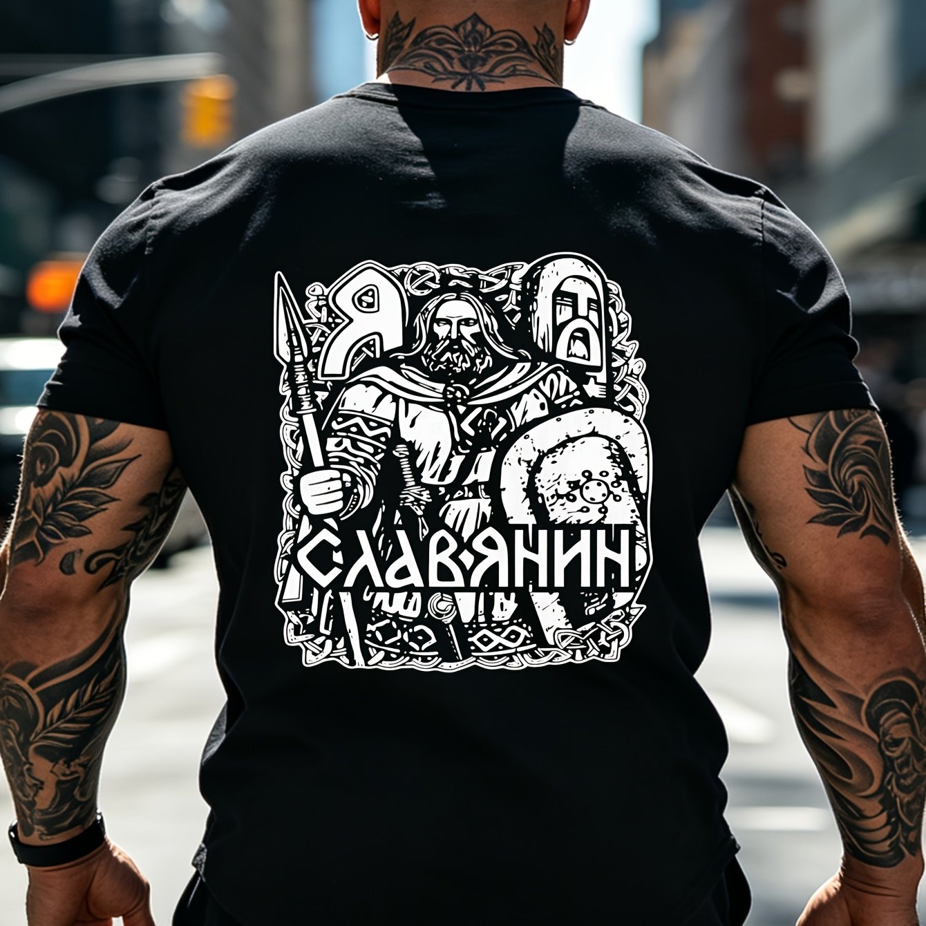 Image of Men's Heavyweight T-shirt With Graphic And Gabrhsn Text - Orthodox Design - Historical Rus Clothing - Sizes S-3xl - Casual Shirt For Men