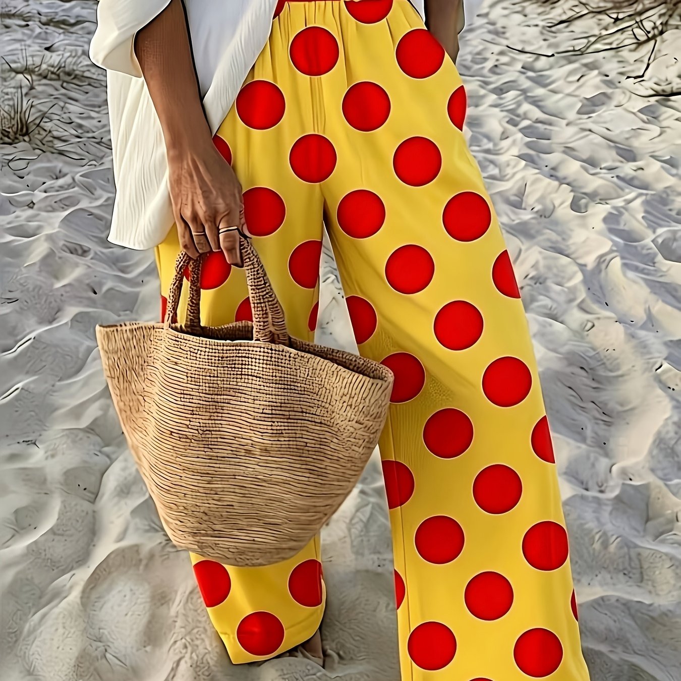 TEMU Spring, Summer, And Autumn Women's Casual Vacation Polka Dot Print Pants, No Pockets, Women's Casual Pants, A Fashionable Item, A Beautiful And