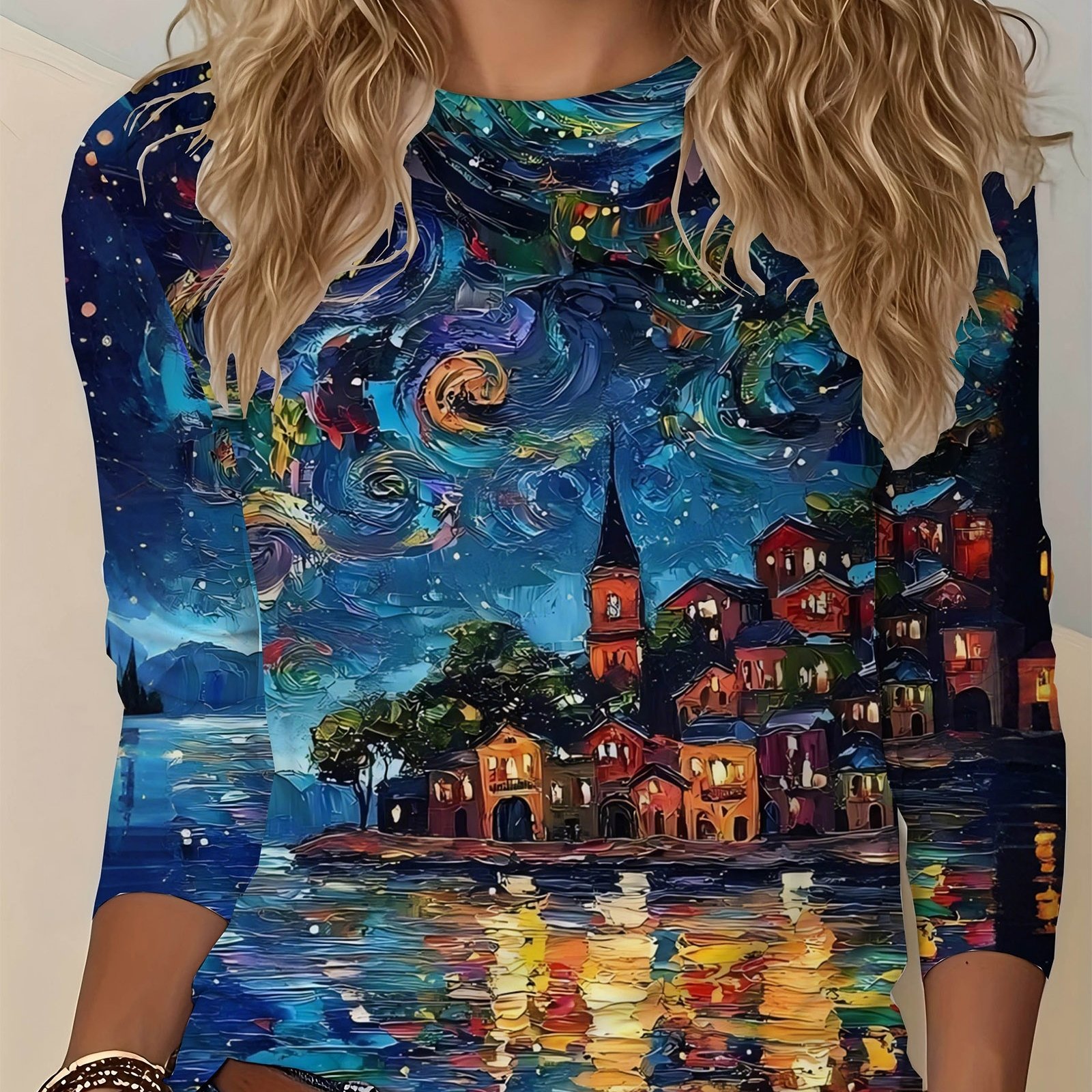 TEMU Maglietta Donna con Stampa " " di Van Gogh - Elegante Blusa a Maniche Lunghe con Scollo , Lavabile in Lavatrice per , per Feste a Tema e Look