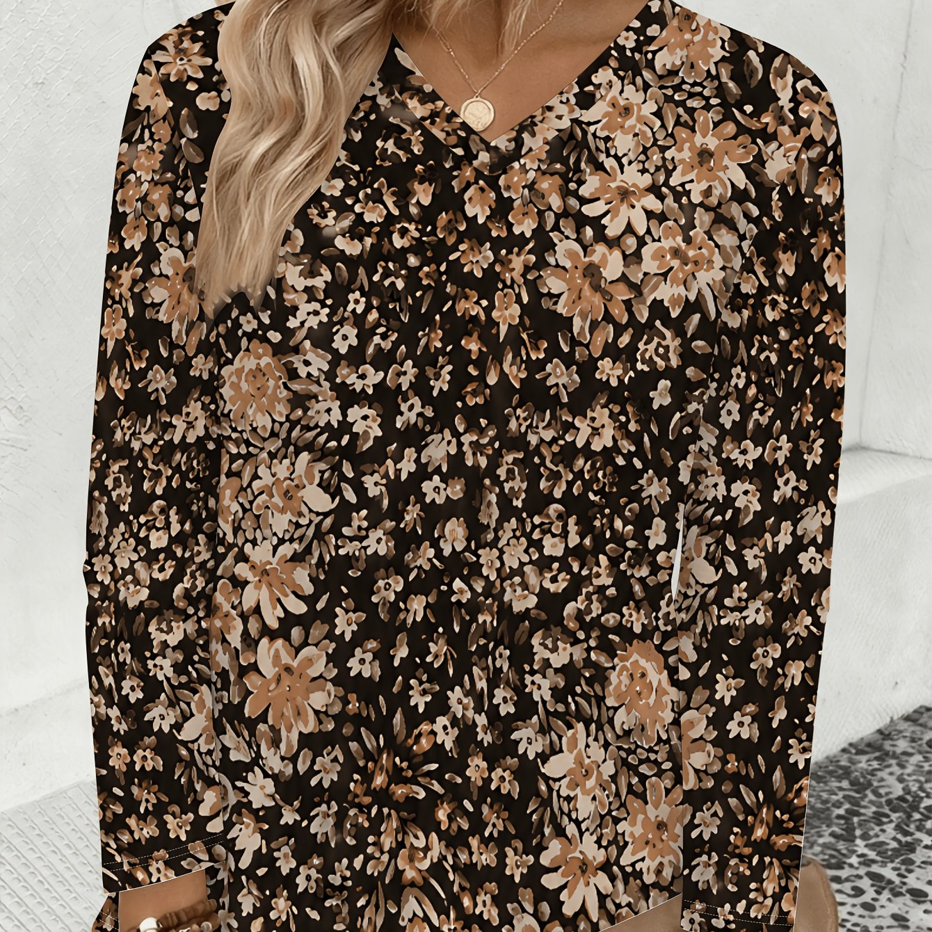 TEMU Plus Size - Women's Fashion Early Autumn New Style, Brown Tone Small Floral Print V-neck Long Sleeve T-shirt, Early Autumn Thin Retro Atmosphere
