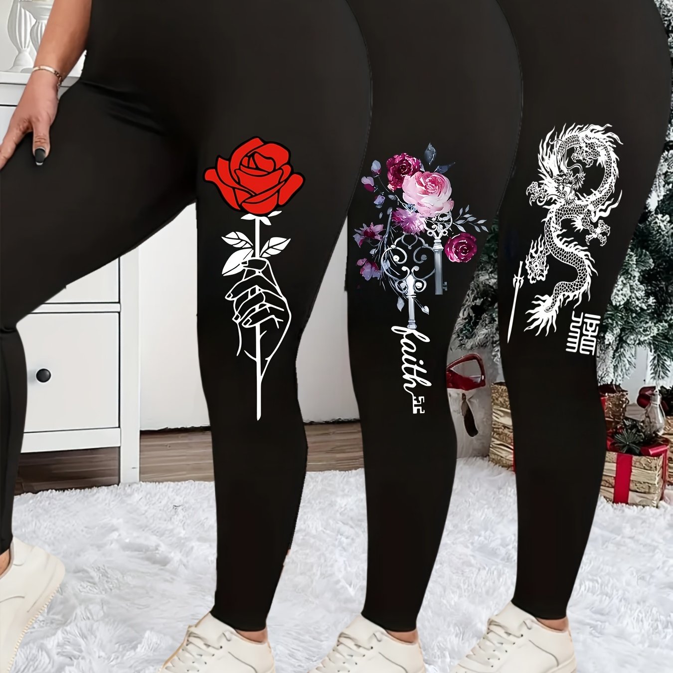 TEMU Plus Size, 3pcs Plus Size Joggers, Women's Plus Size Printed Elastic High-waisted Long Pants Leggings