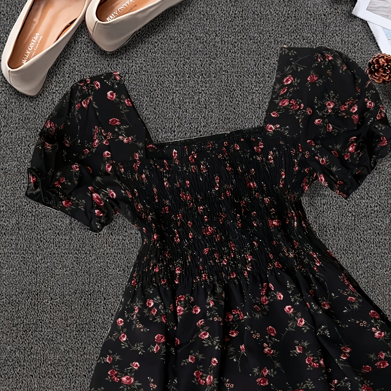 TEMU Women's Elegant Square Neck Floral Print Tie-waist Shirt T005