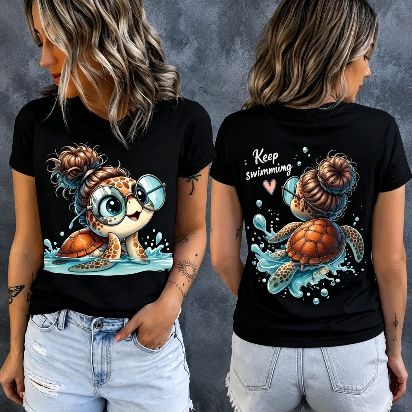 Image of Women' Crew Neck Short Sleeve Slim-fit T-shirt With Cute Sea Turtle Swimming Print, Casual For Summer Beach Vacations And Everyday
