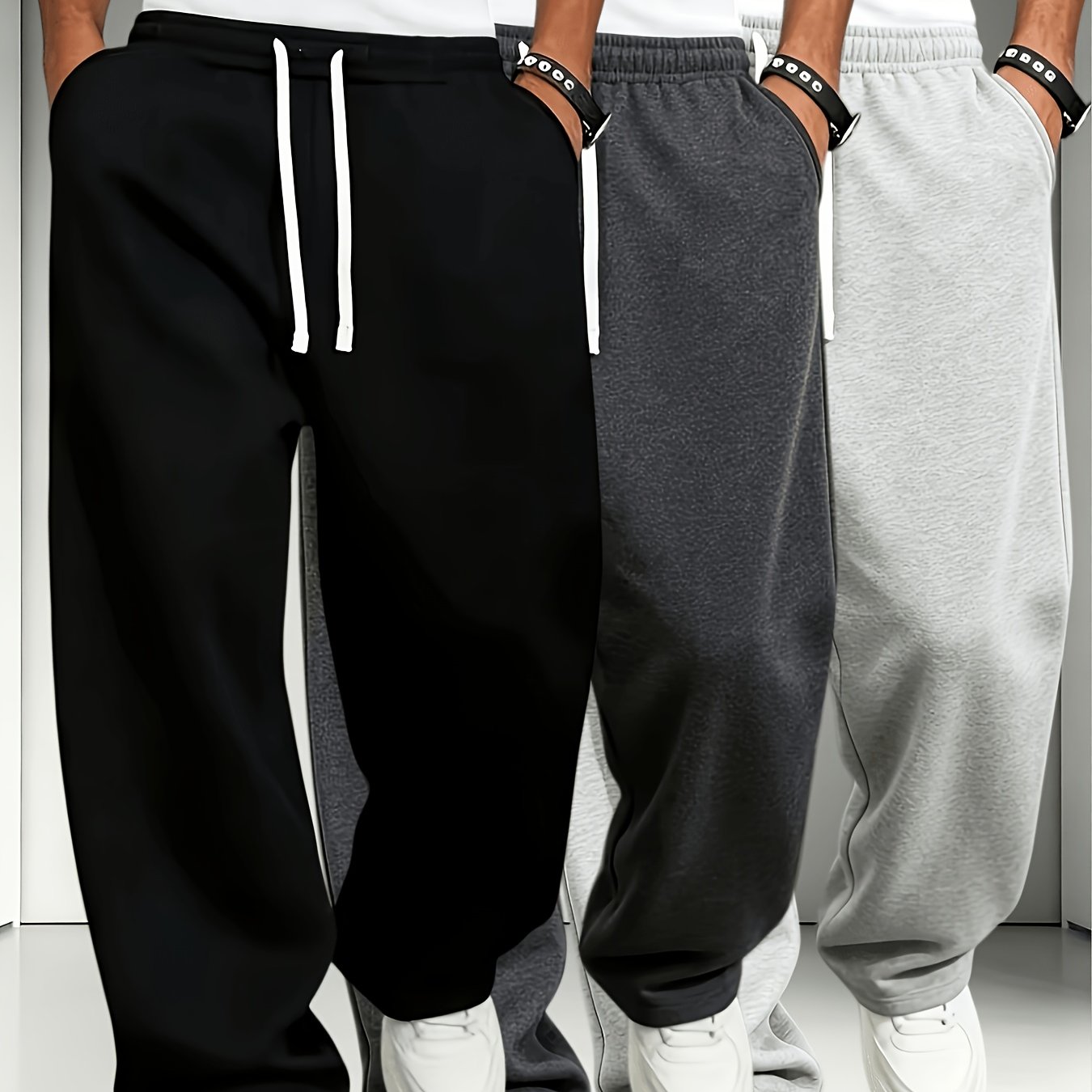 TEMU 3pcs Men's Elastic Waist Drawstring Jogger Pants, Loose Straight-leg Casual Trousers, Soft Knit Sweatpants, Suitable For Daily Outdoor Wear,