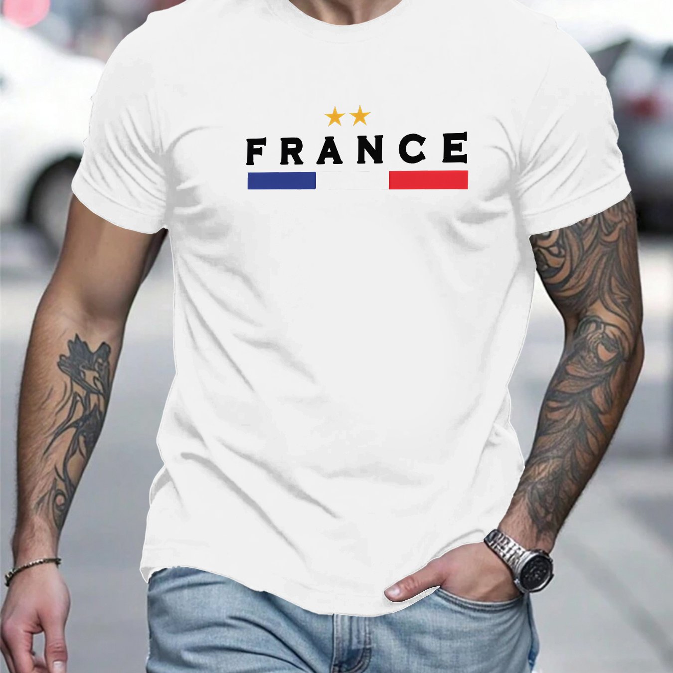 TEMU T-shirt pour homme avec drapeau français - Col rond décontracté, manches courtes, légère élasticité, t-shirt d'été en polyester avec motif
