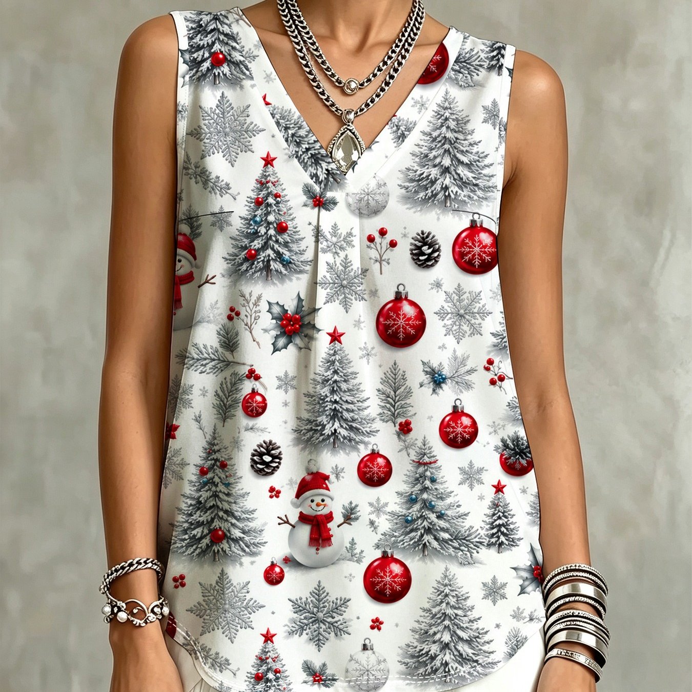 TEMU Christmas Snow Tree And Ornament Print V-neck Sleeveless Top, Romantic Atmosphere Tank Top, -friendly And Breathable, Casual Daily Wear,