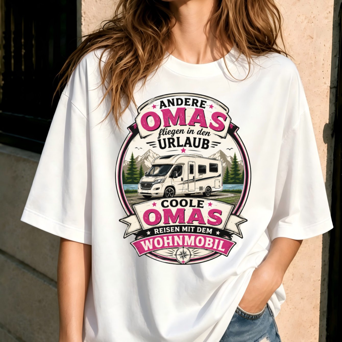 Image of Andere Omas Fliegen In Den Urlaub Coole Omas Reisen Mit Dem Wohnmobil Vintage With And Forest T-shirt Women's T-shirt