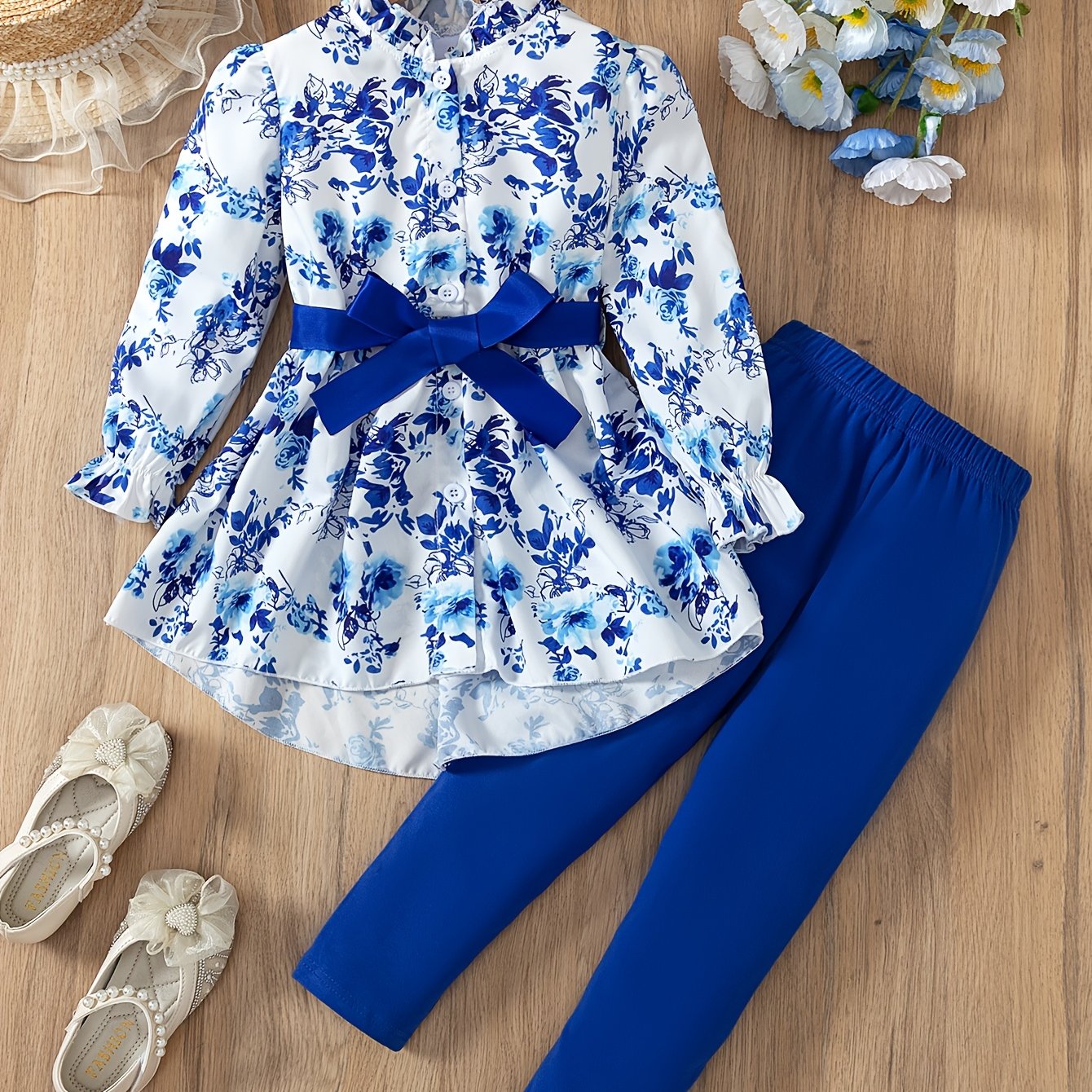 Image of Girls' Fashionable Casual Floral Print Button-up Waist Tie Dress And Solid Long Pants Set, Spring/, Perfect For Outdoor