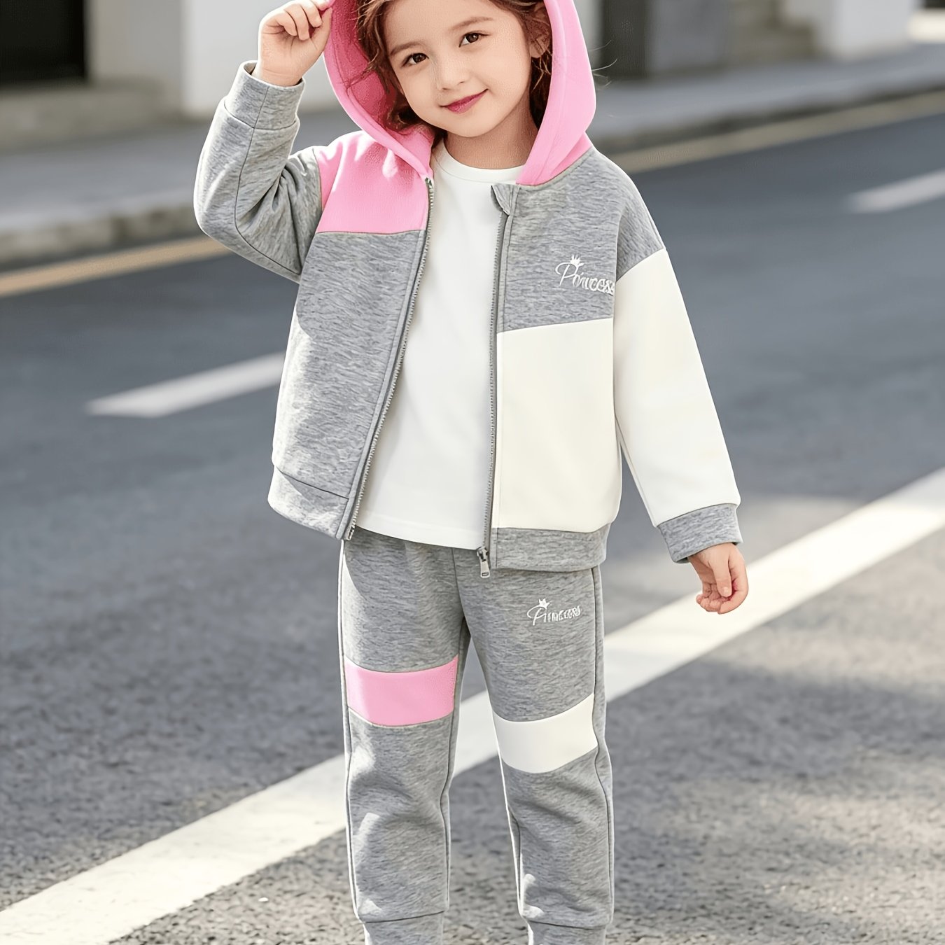 Image of Girls' Spring/autumn/winter Casual Hooded Zip-up 2pcs Set, Long-sleeve Top And Pants With Letter Print, Suitable For Outdoor Wear, Perfect For Outdoor