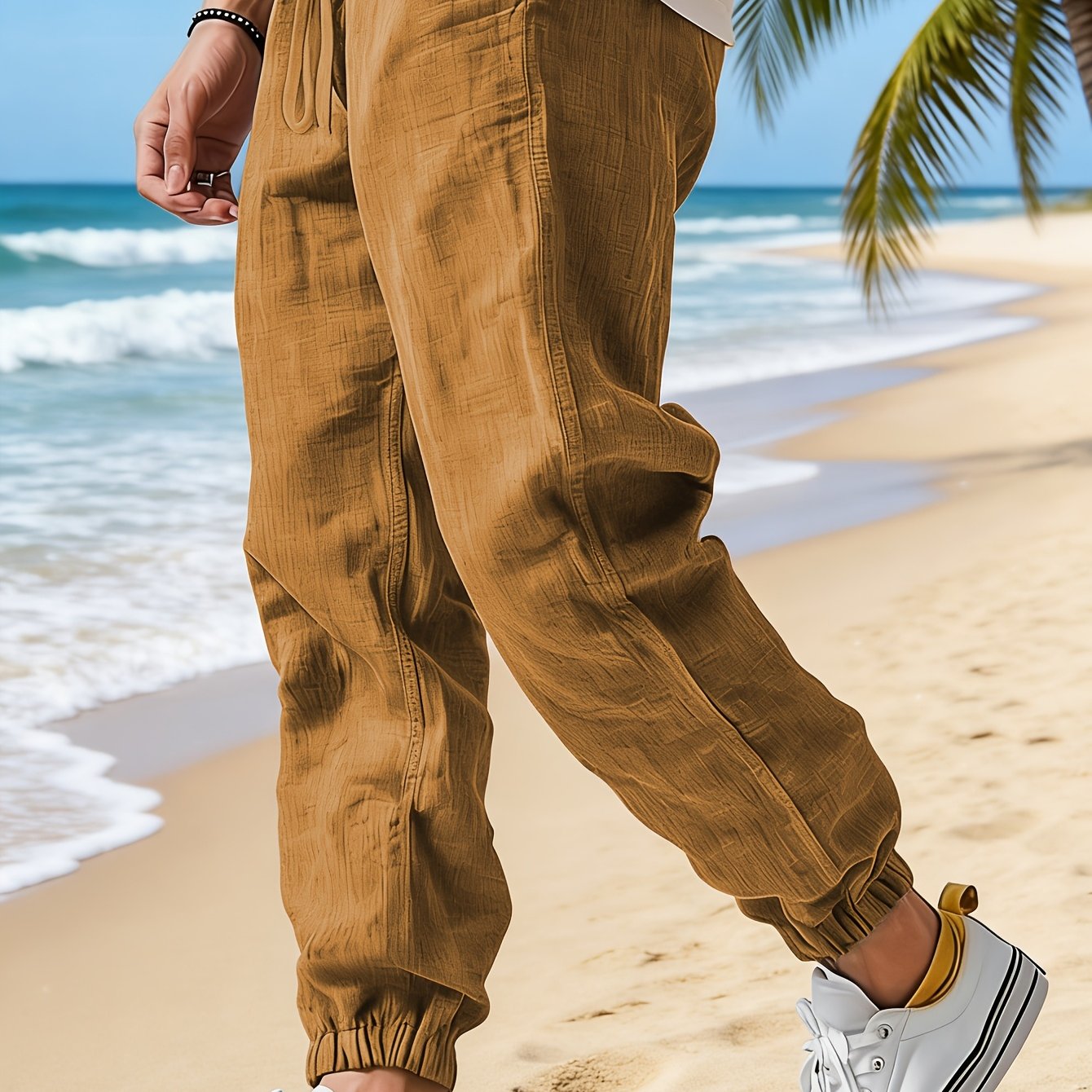 TEMU Men's Linen Woven Drawstring Pants, Made Of Solid-color Lightweight Breathable Fabric, Featuring A Fashionable Drawstring And , Suitable For