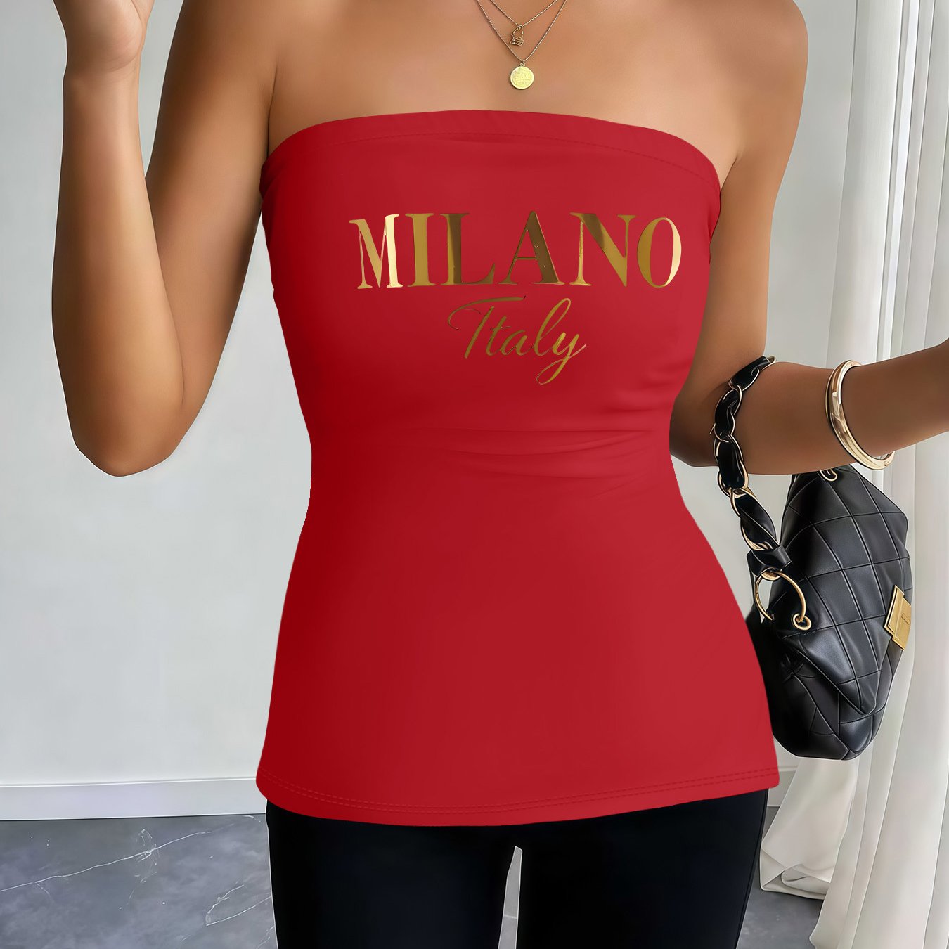 TEMU 2026 Spring/summer Of Elegant Casual Women's Wear Featuring Trendy City Text Prints, Suitable For Layering Or Wearing As A Strapless Top