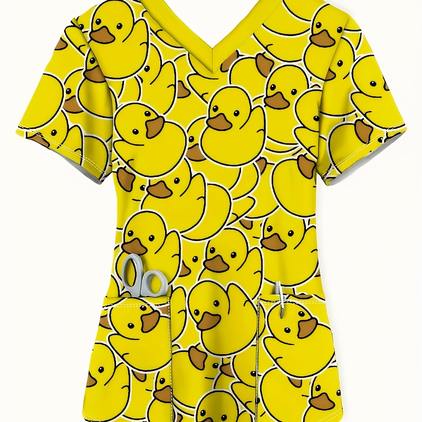 TEMU Plus Size, Women's Cute Duck Print V-neck Short Sleeve T-shirt - Yellow Scrub Top With Pocket, Comfortable Nurse Uniform And Doctor Workwear,