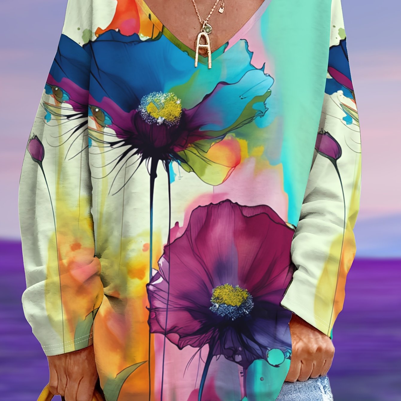 TEMU Plus Size, Plus Size Women' Base Colorful Floral Embroidery Style Loose V-neck T-shirt, Plus Size Ladies Figure-flattering