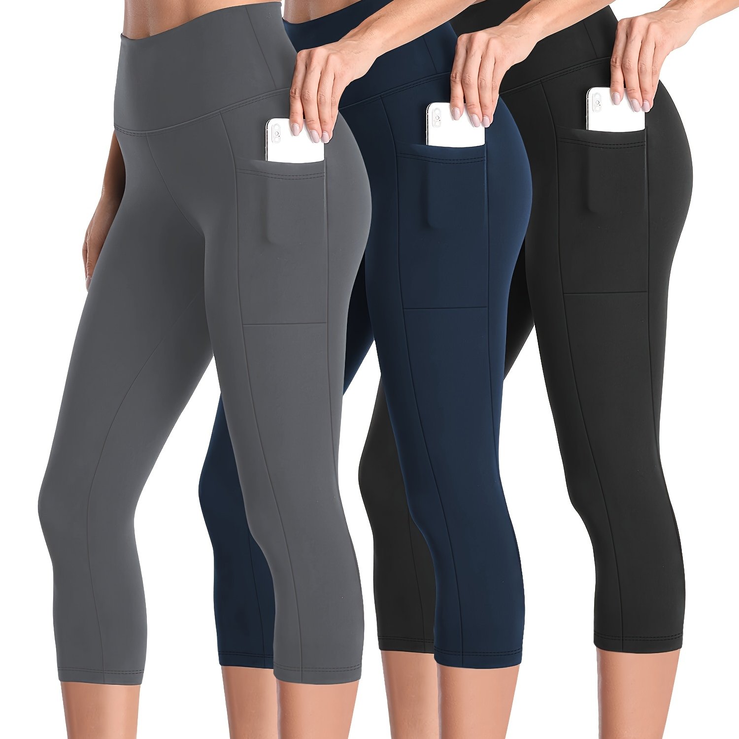 3-pack High-waisted Tight-fitting -lifting Shaping Capri Pants With Pockets, Suitable For And Outdoor - And Summer Style