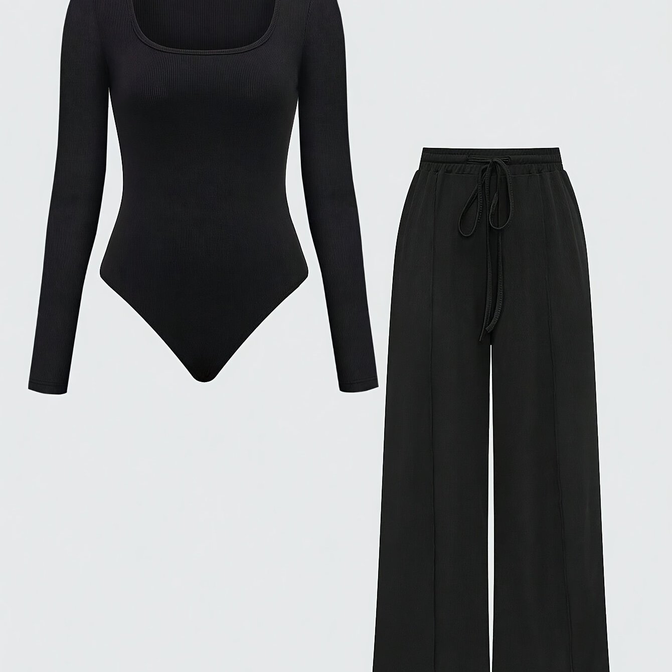 E-shop 2 Stück, Gerippter Quadrat-Ausschnitt Langarm-Body und Bundhose, Damen Casual Sportswear Set