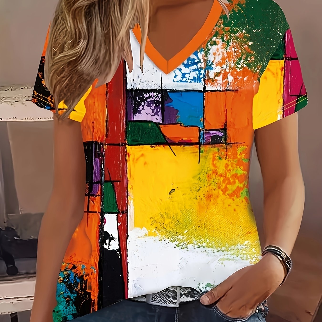 Image of Abstract Art Painting Landscape Pattern Printed T-shirt, Fashion Casual Medium-stretch Contrast Short Sleeve V-neck Women's Top
