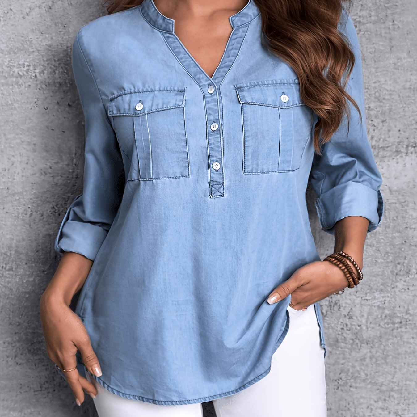 Plus Size Solid Color V-neck Button Casual Lightweight Long Sleeve Denim-look Top