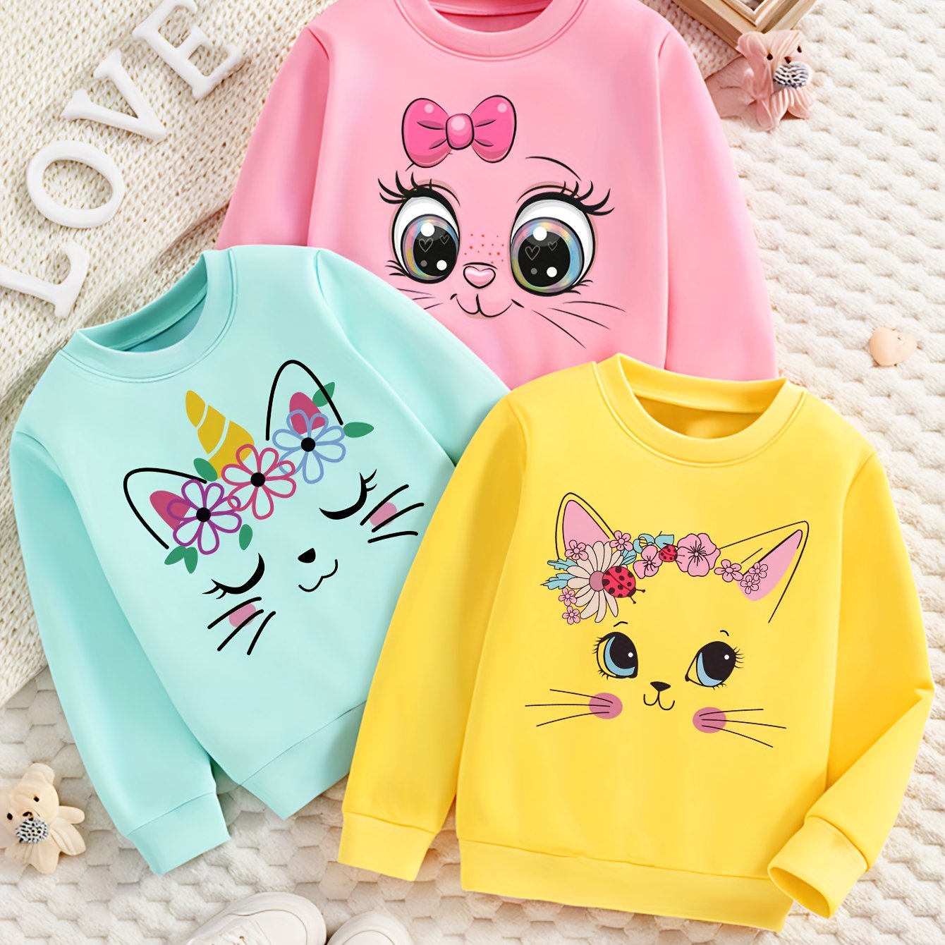 Spring/autumn Sweatshirt 3pcss Set, Girls' Cute Cat Unicorn Print, Creative Casual Versatile Round Neck Spring/autumn Sweatshirt 3pcss Outfit
