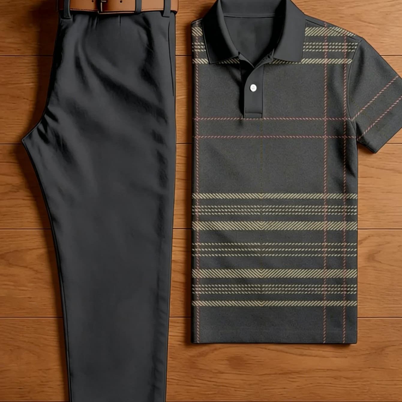 Men's 2pcs Outfit Set, Khaki Red Checkered Print Maroon Collar And Solid Wine Red Straight Chino Pants, Vintage Preppy Breathable Suit