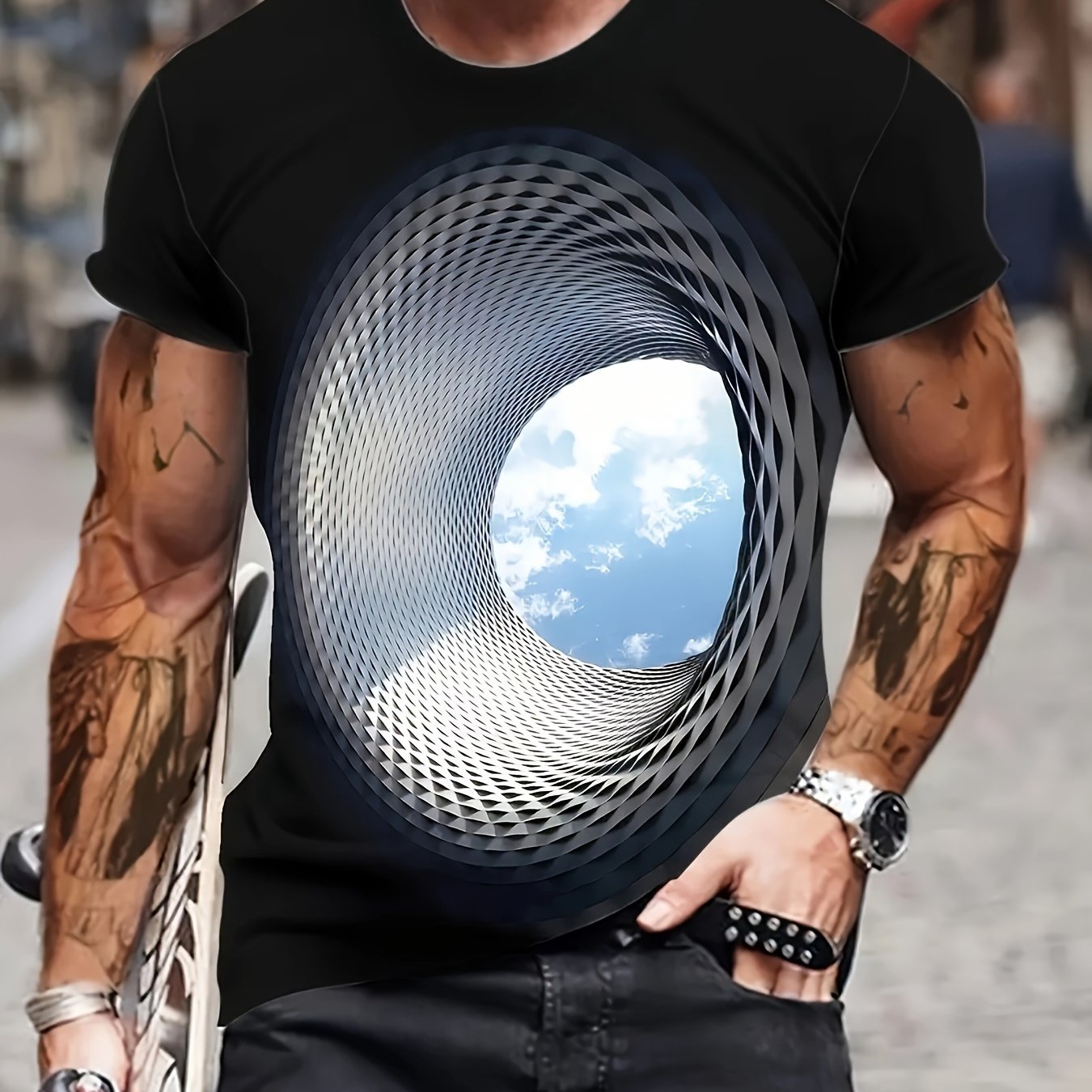 TEMU Men's 3d T-shirt - Black And White Circular Tunnel Design Short Sleeve Top, Breathable Summer Casual Round Neck Tee, Machine Washable Fitted