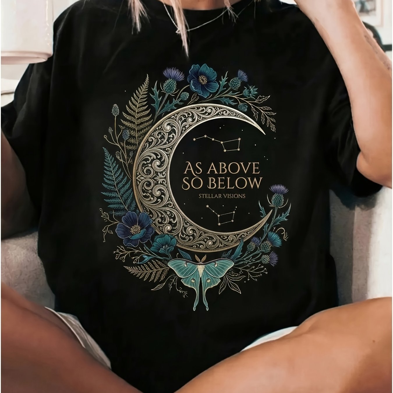TEMU 1pc Women's Summer Clothes Crescent Moth 'as Above So Below' Graphic Round-neck Short Sleeves Incredibly Soft Unisex Holiday Gift Casual Outing