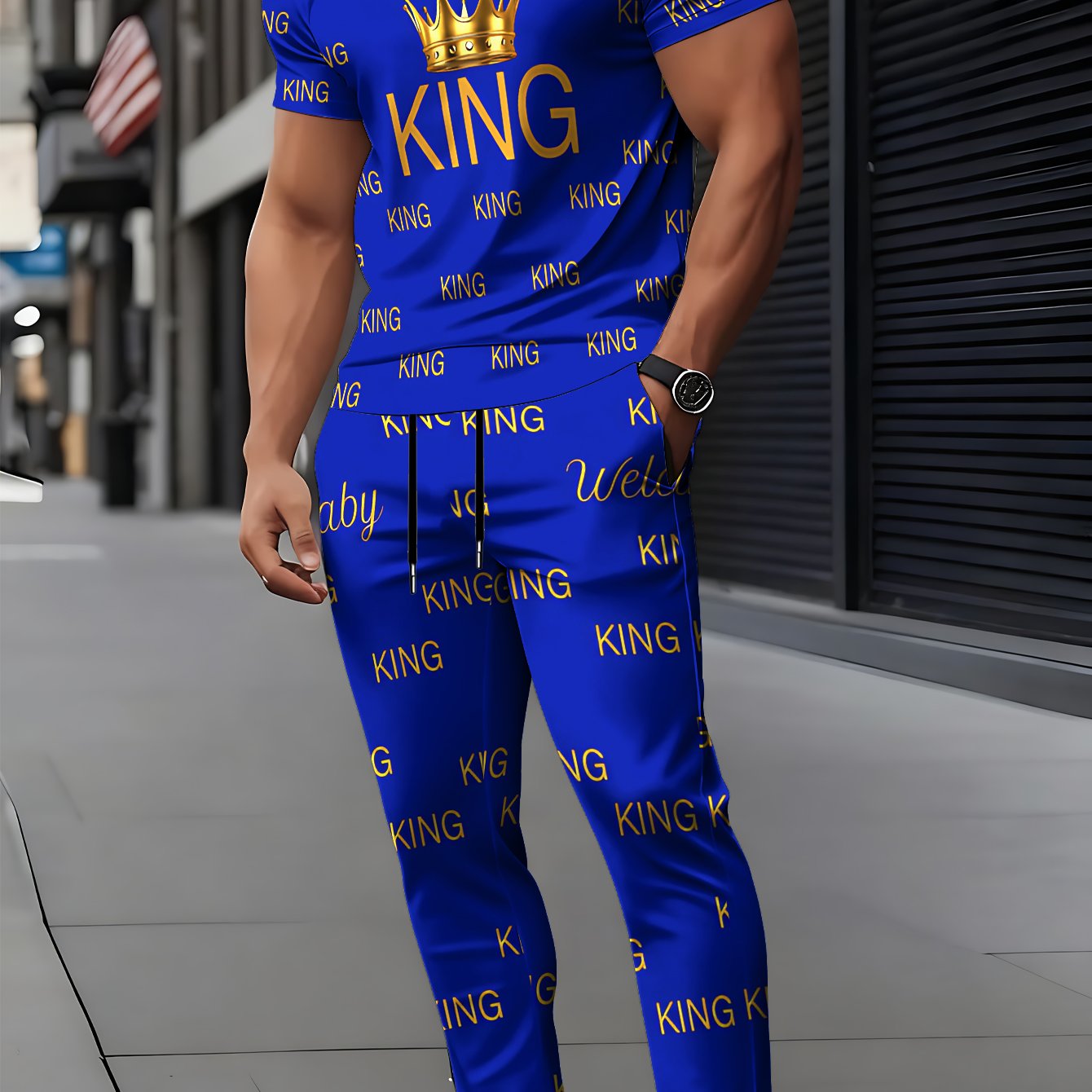 TEMU Conjunto de Camiseta de Manga Corta y Pantalón para Hombre con Estampado 3D, Diseño Elegante y Casual de Cuello con Tejido Ligeramente Elástico,
